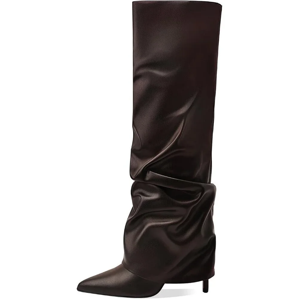 Women's Brown-Pu Knee High Fold Over Wide Calf Pointed Toe Long Heel Boot
